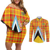 Saint Lucia Creole Day Couples Matching Off Shoulder Short Dress and Long Sleeve Button Shirt Bon Fete Jounen Kweyol Madras Pattern - Wonder Print Shop