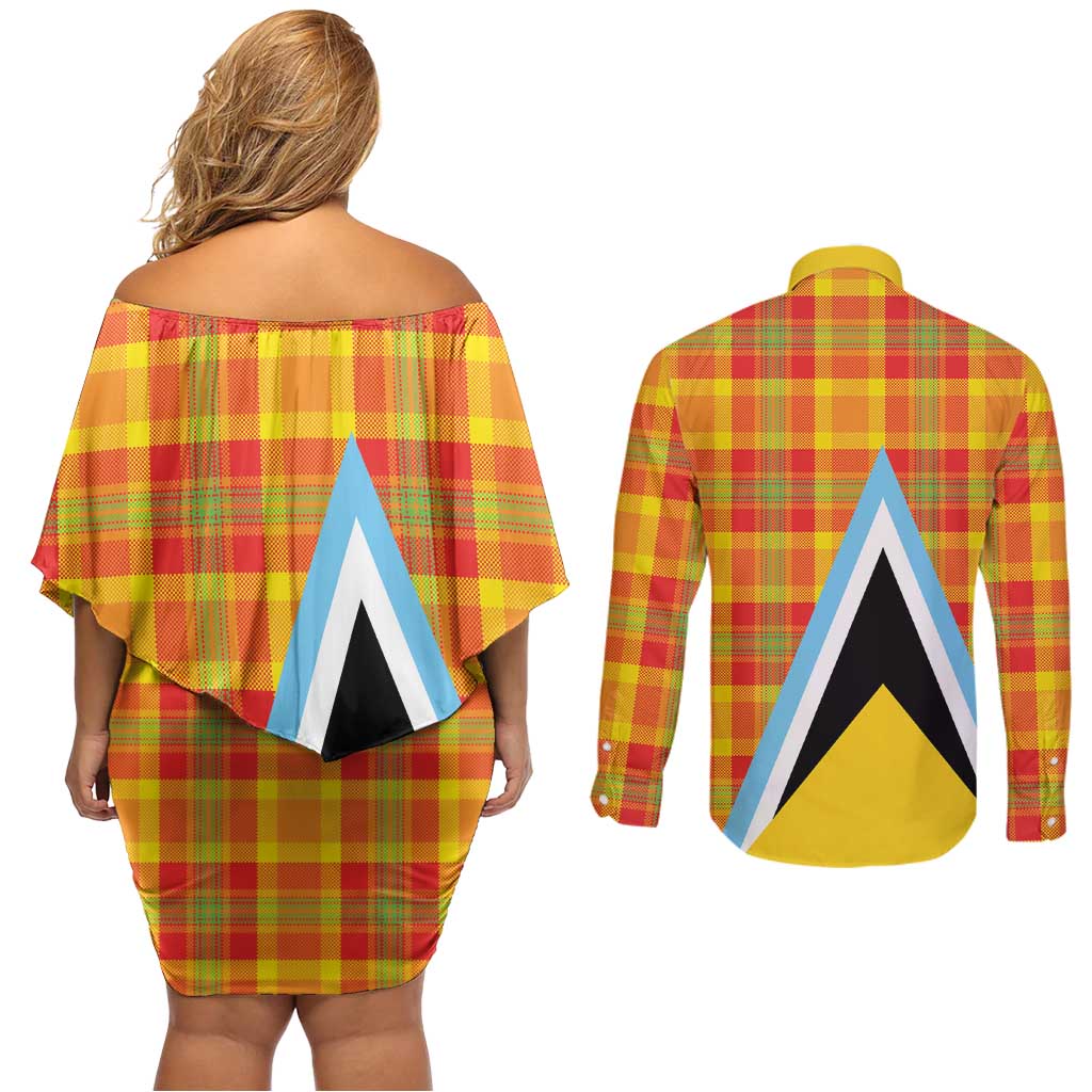 Saint Lucia Creole Day Couples Matching Off Shoulder Short Dress and Long Sleeve Button Shirt Bon Fete Jounen Kweyol Madras Pattern - Wonder Print Shop