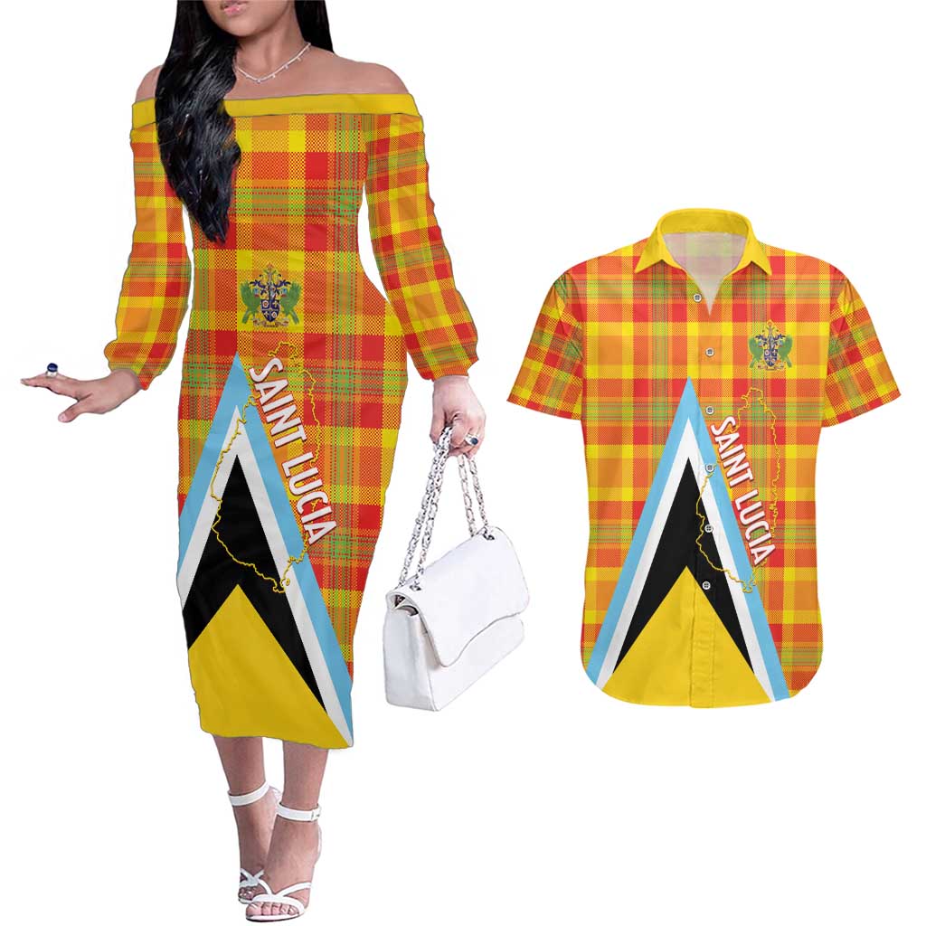Saint Lucia Creole Day Couples Matching Off The Shoulder Long Sleeve Dress and Hawaiian Shirt Bon Fete Jounen Kweyol Madras Pattern - Wonder Print Shop