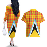 Saint Lucia Creole Day Couples Matching Off The Shoulder Long Sleeve Dress and Hawaiian Shirt Bon Fete Jounen Kweyol Madras Pattern - Wonder Print Shop