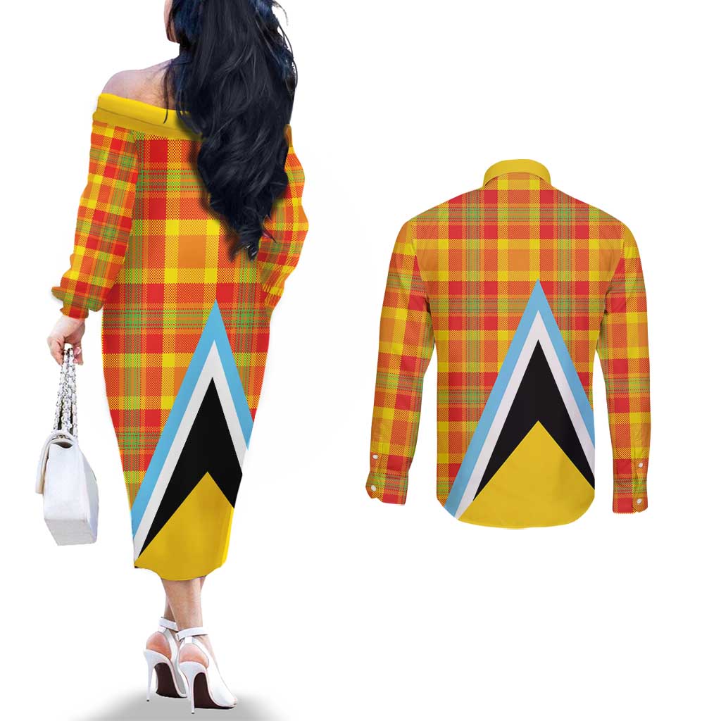 Saint Lucia Creole Day Couples Matching Off The Shoulder Long Sleeve Dress and Long Sleeve Button Shirt Bon Fete Jounen Kweyol Madras Pattern - Wonder Print Shop