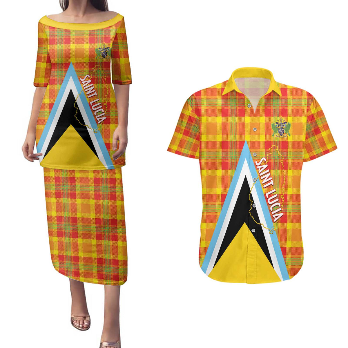 Saint Lucia Creole Day Couples Matching Puletasi and Hawaiian Shirt Bon Fete Jounen Kweyol Madras Pattern - Wonder Print Shop