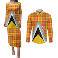 Saint Lucia Creole Day Couples Matching Puletasi and Long Sleeve Button Shirt Bon Fete Jounen Kweyol Madras Pattern - Wonder Print Shop