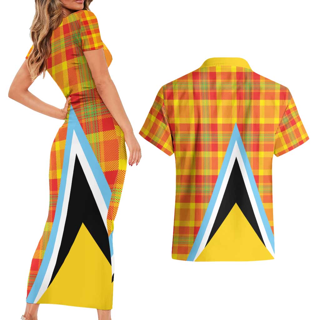 Saint Lucia Creole Day Couples Matching Short Sleeve Bodycon Dress and Hawaiian Shirt Bon Fete Jounen Kweyol Madras Pattern - Wonder Print Shop