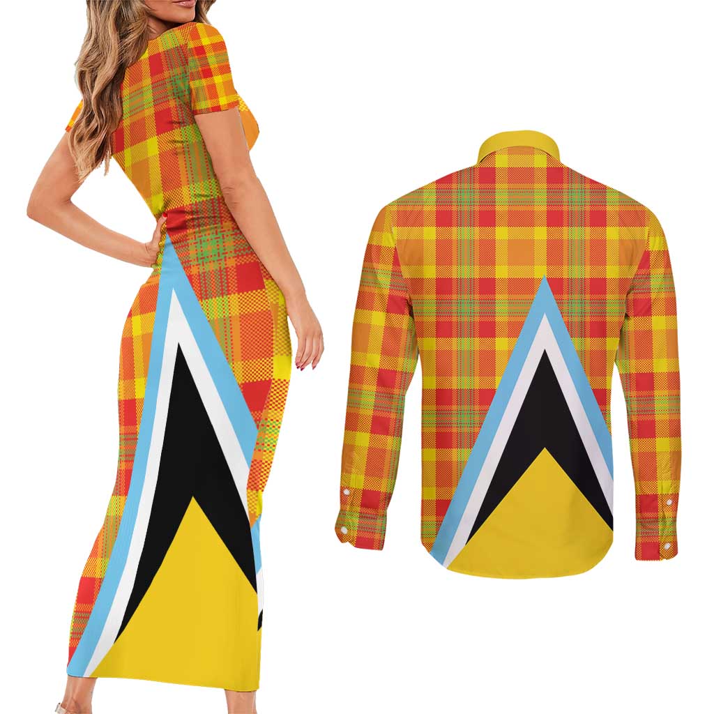 Saint Lucia Creole Day Couples Matching Short Sleeve Bodycon Dress and Long Sleeve Button Shirt Bon Fete Jounen Kweyol Madras Pattern - Wonder Print Shop