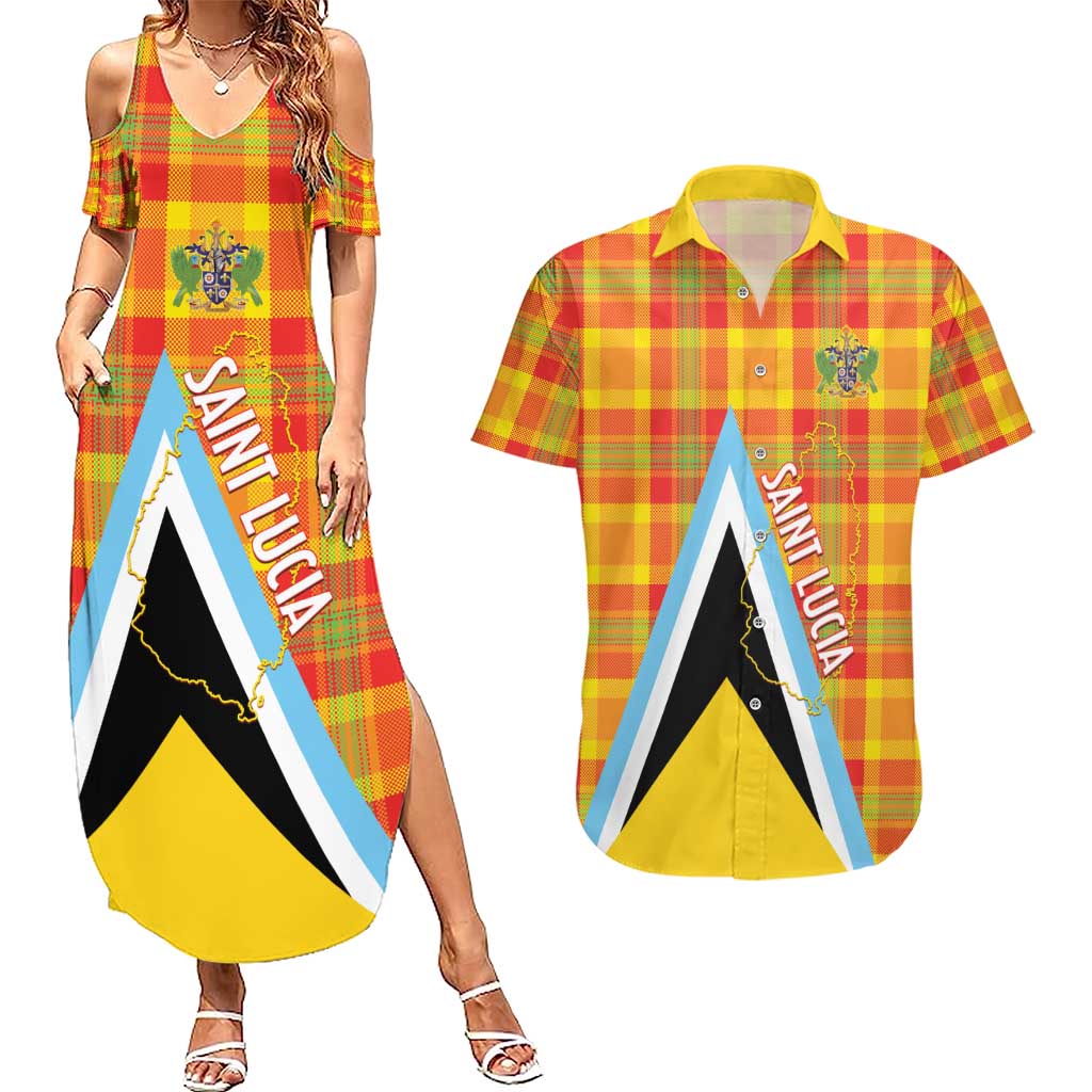 Saint Lucia Creole Day Couples Matching Summer Maxi Dress and Hawaiian Shirt Bon Fete Jounen Kweyol Madras Pattern - Wonder Print Shop