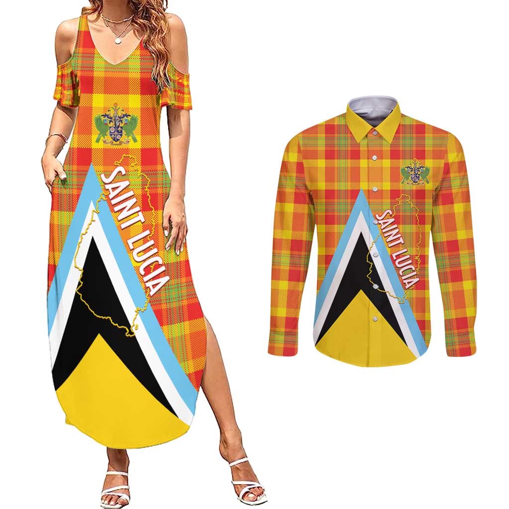 Saint Lucia Creole Day Couples Matching Summer Maxi Dress and Long Sleeve Button Shirt Bon Fete Jounen Kweyol Madras Pattern - Wonder Print Shop