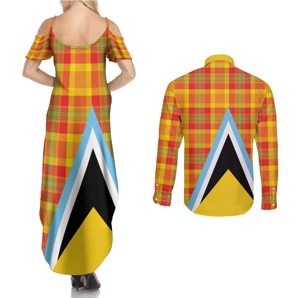Saint Lucia Creole Day Couples Matching Summer Maxi Dress and Long Sleeve Button Shirt Bon Fete Jounen Kweyol Madras Pattern - Wonder Print Shop