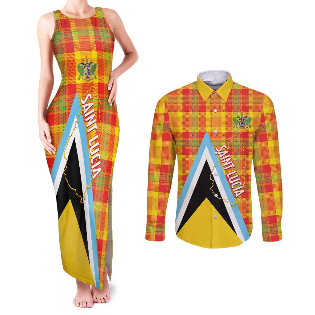 Saint Lucia Creole Day Couples Matching Tank Maxi Dress and Long Sleeve Button Shirt Bon Fete Jounen Kweyol Madras Pattern - Wonder Print Shop