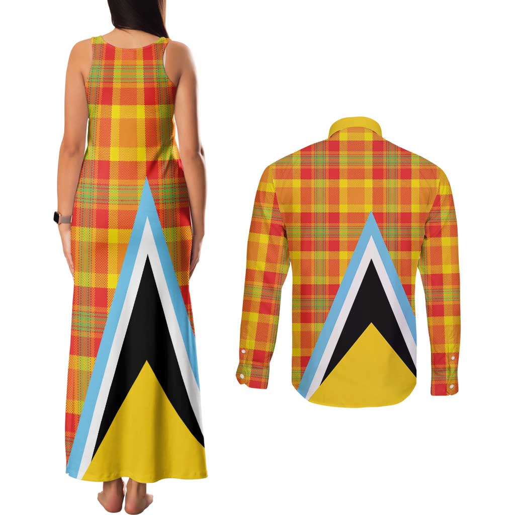 Saint Lucia Creole Day Couples Matching Tank Maxi Dress and Long Sleeve Button Shirt Bon Fete Jounen Kweyol Madras Pattern - Wonder Print Shop