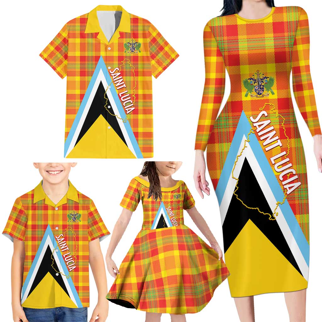 Saint Lucia Creole Day Family Matching Long Sleeve Bodycon Dress and Hawaiian Shirt Bon Fete Jounen Kweyol Madras Pattern - Wonder Print Shop