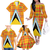 Saint Lucia Creole Day Family Matching Off The Shoulder Long Sleeve Dress and Hawaiian Shirt Bon Fete Jounen Kweyol Madras Pattern - Wonder Print Shop