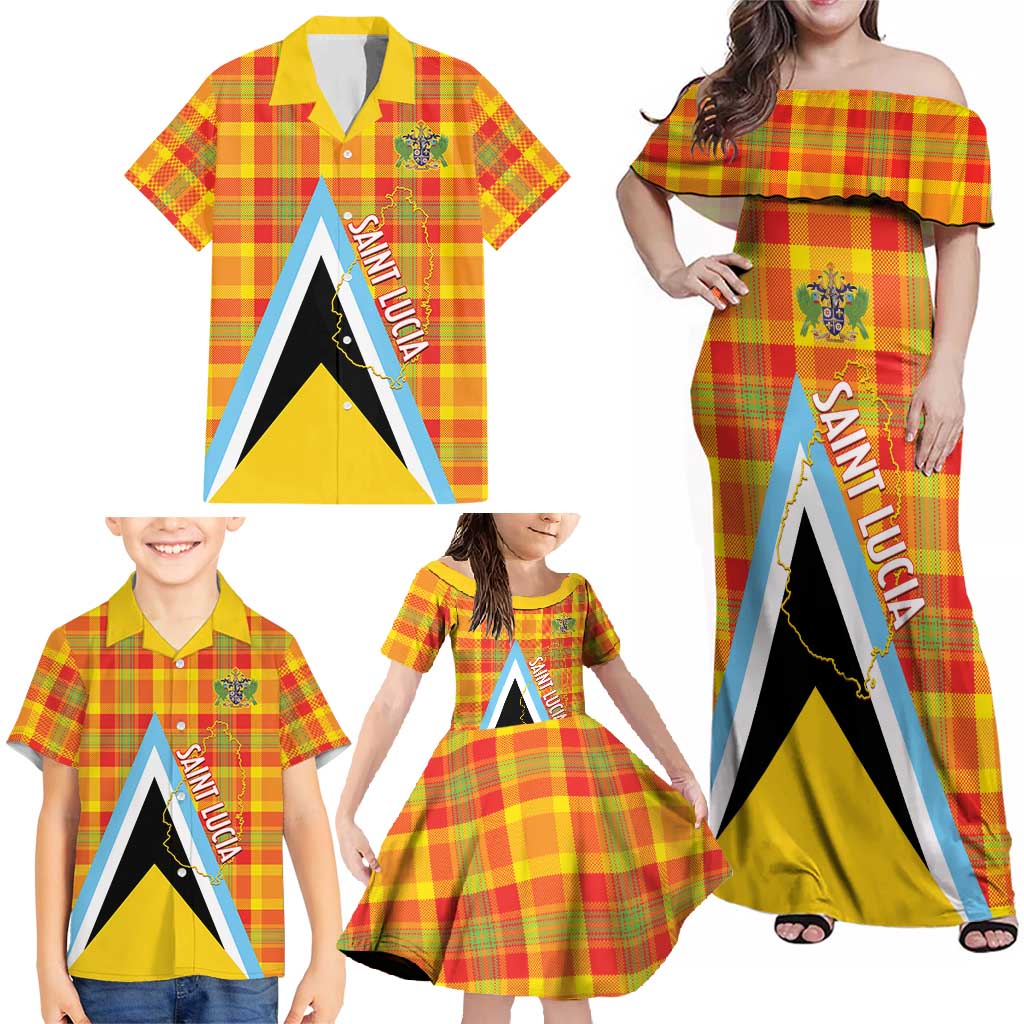 Saint Lucia Creole Day Family Matching Off Shoulder Maxi Dress and Hawaiian Shirt Bon Fete Jounen Kweyol Madras Pattern - Wonder Print Shop