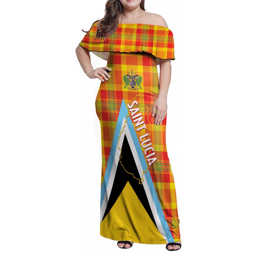 Saint Lucia Creole Day Family Matching Off Shoulder Maxi Dress and Hawaiian Shirt Bon Fete Jounen Kweyol Madras Pattern - Wonder Print Shop