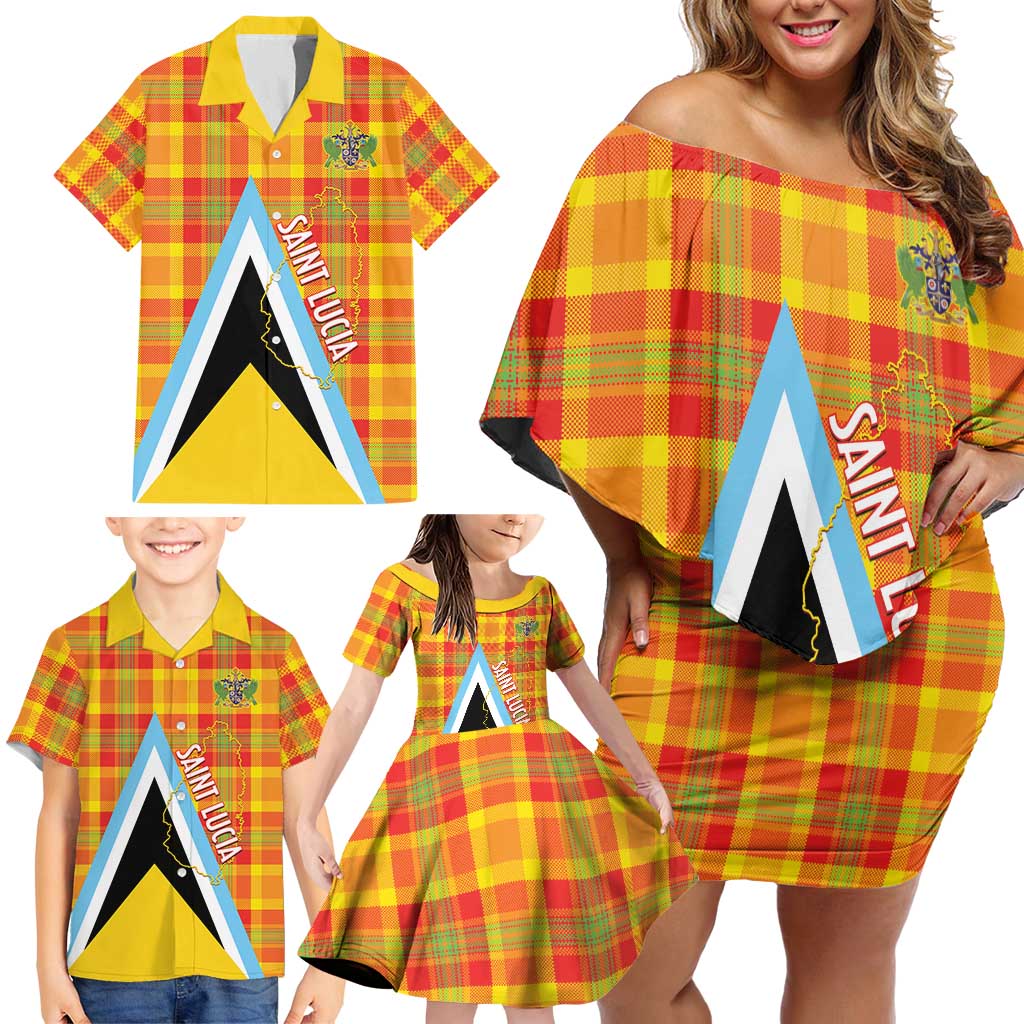 Saint Lucia Creole Day Family Matching Off Shoulder Short Dress and Hawaiian Shirt Bon Fete Jounen Kweyol Madras Pattern - Wonder Print Shop