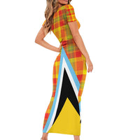 Saint Lucia Creole Day Family Matching Short Sleeve Bodycon Dress and Hawaiian Shirt Bon Fete Jounen Kweyol Madras Pattern - Wonder Print Shop