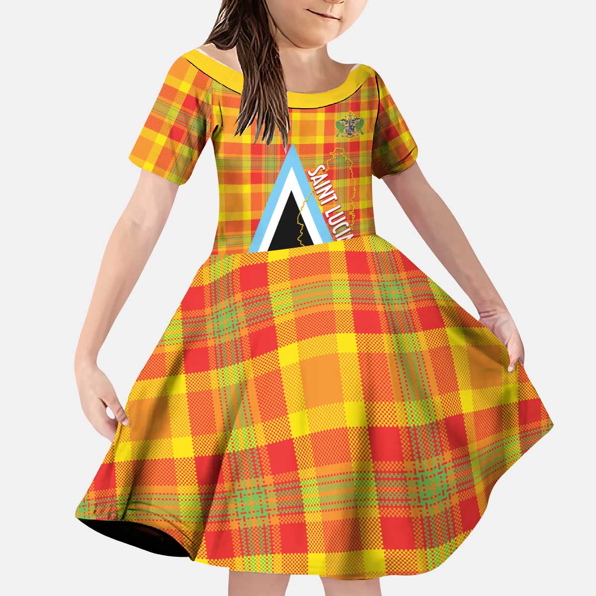 Saint Lucia Creole Day Kid Short Sleeve Dress Bon Fete Jounen Kweyol Madras Pattern - Wonder Print Shop