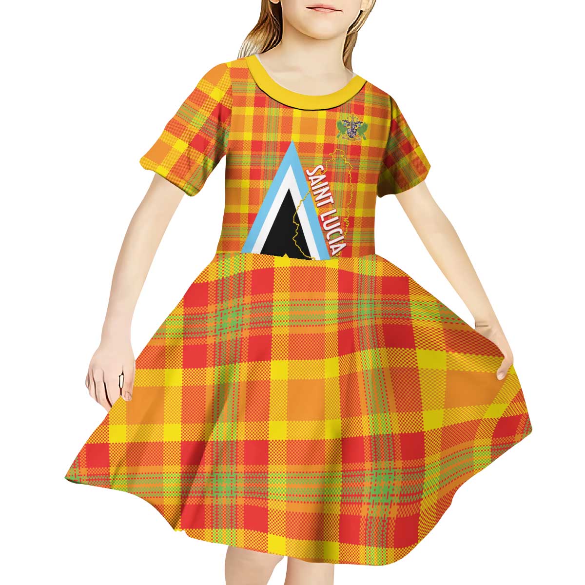 Saint Lucia Creole Day Kid Short Sleeve Dress Bon Fete Jounen Kweyol Madras Pattern - Wonder Print Shop