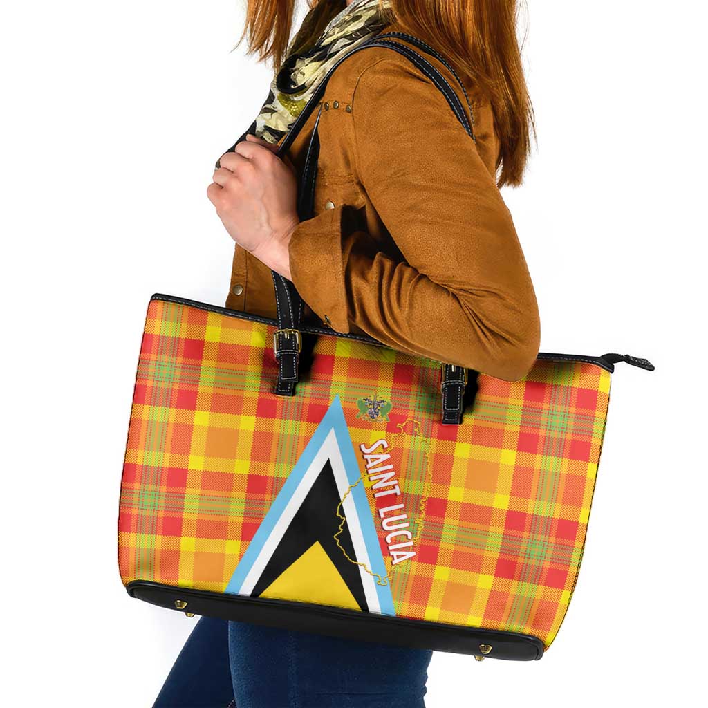 Saint Lucia Creole Day Leather Tote Bag Bon Fete Jounen Kweyol Madras Pattern - Wonder Print Shop