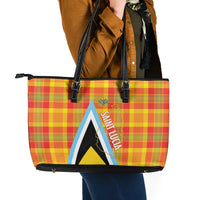 Saint Lucia Creole Day Leather Tote Bag Bon Fete Jounen Kweyol Madras Pattern - Wonder Print Shop