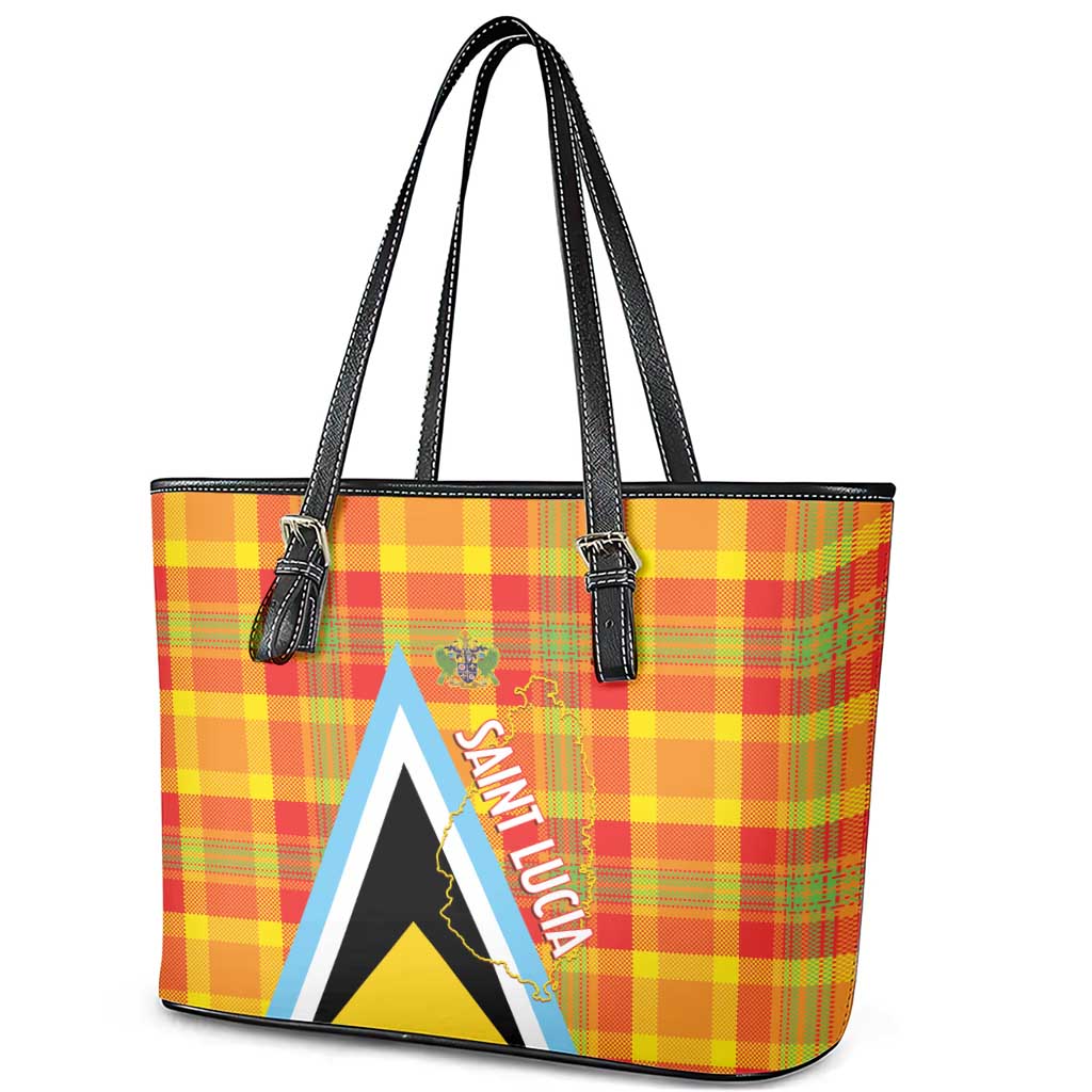 Saint Lucia Creole Day Leather Tote Bag Bon Fete Jounen Kweyol Madras Pattern - Wonder Print Shop