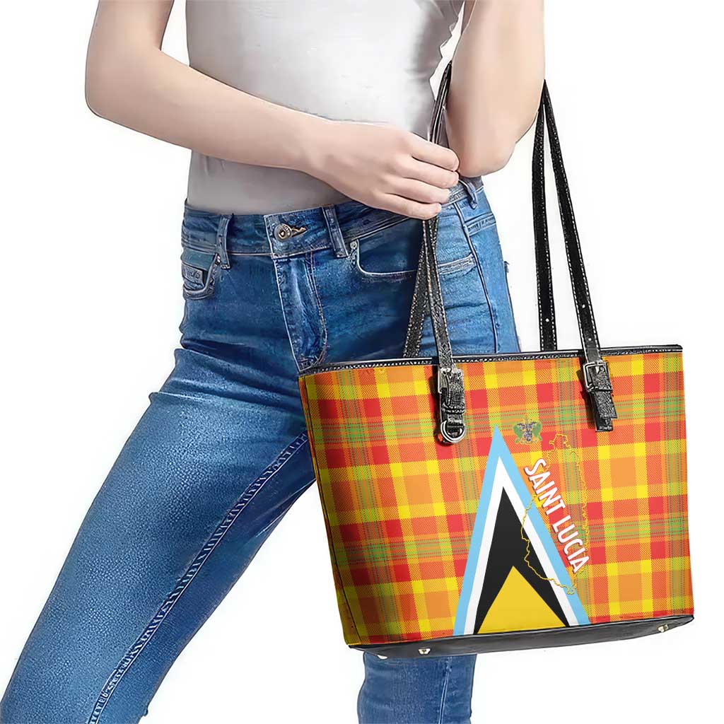 Saint Lucia Creole Day Leather Tote Bag Bon Fete Jounen Kweyol Madras Pattern - Wonder Print Shop