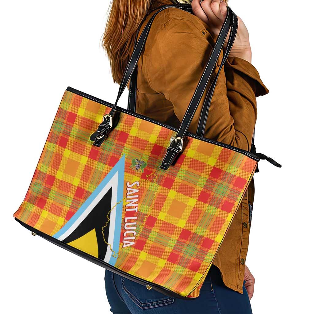 Saint Lucia Creole Day Leather Tote Bag Bon Fete Jounen Kweyol Madras Pattern - Wonder Print Shop