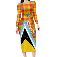 Saint Lucia Creole Day Long Sleeve Bodycon Dress Bon Fete Jounen Kweyol Madras Pattern - Wonder Print Shop