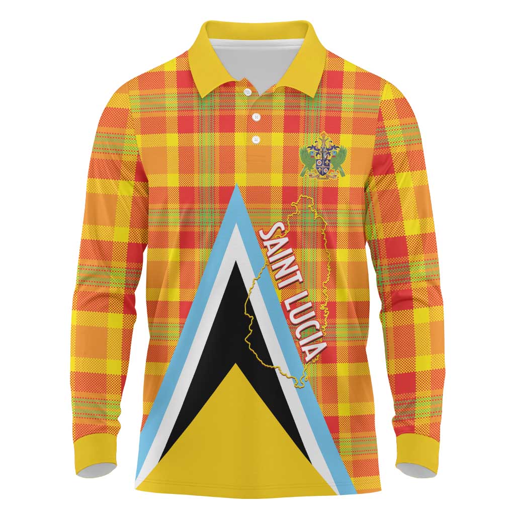 Saint Lucia Creole Day Long Sleeve Polo Shirt Bon Fete Jounen Kweyol Madras Pattern - Wonder Print Shop