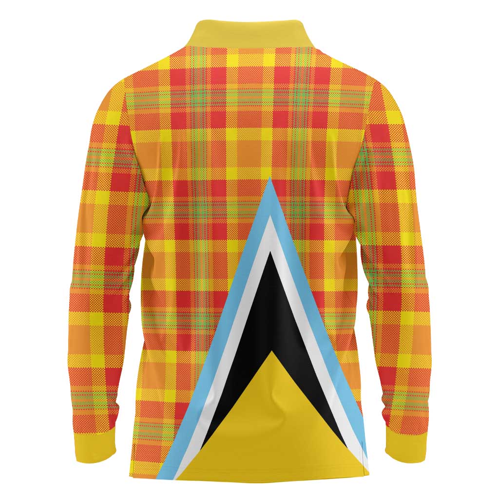 Saint Lucia Creole Day Long Sleeve Polo Shirt Bon Fete Jounen Kweyol Madras Pattern - Wonder Print Shop
