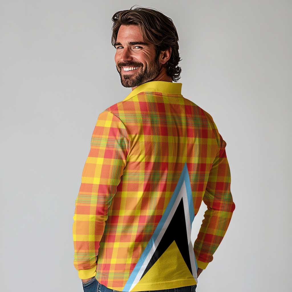 Saint Lucia Creole Day Long Sleeve Polo Shirt Bon Fete Jounen Kweyol Madras Pattern - Wonder Print Shop