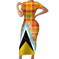 Saint Lucia Creole Day Short Sleeve Bodycon Dress Bon Fete Jounen Kweyol Madras Pattern - Wonder Print Shop