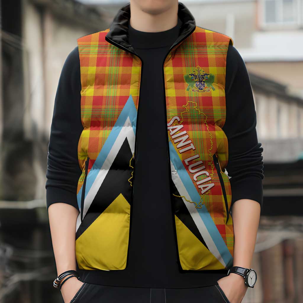 Saint Lucia Creole Day Sleeveless Puffer Jacket Bon Fete Jounen Kweyol Madras Pattern - Wonder Print Shop