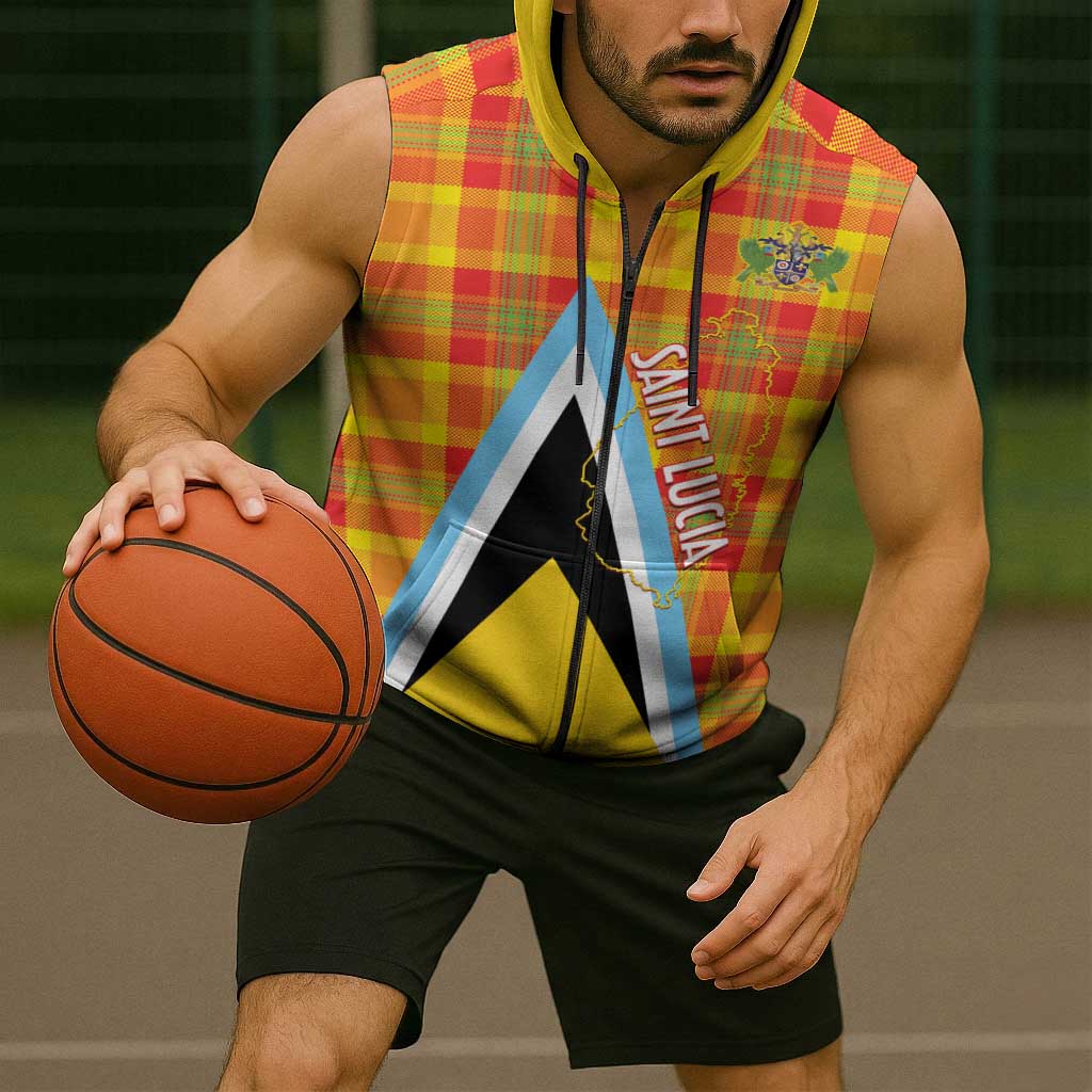 Saint Lucia Creole Day Sleeveless Zip Hoodie Bon Fete Jounen Kweyol Madras Pattern - Wonder Print Shop