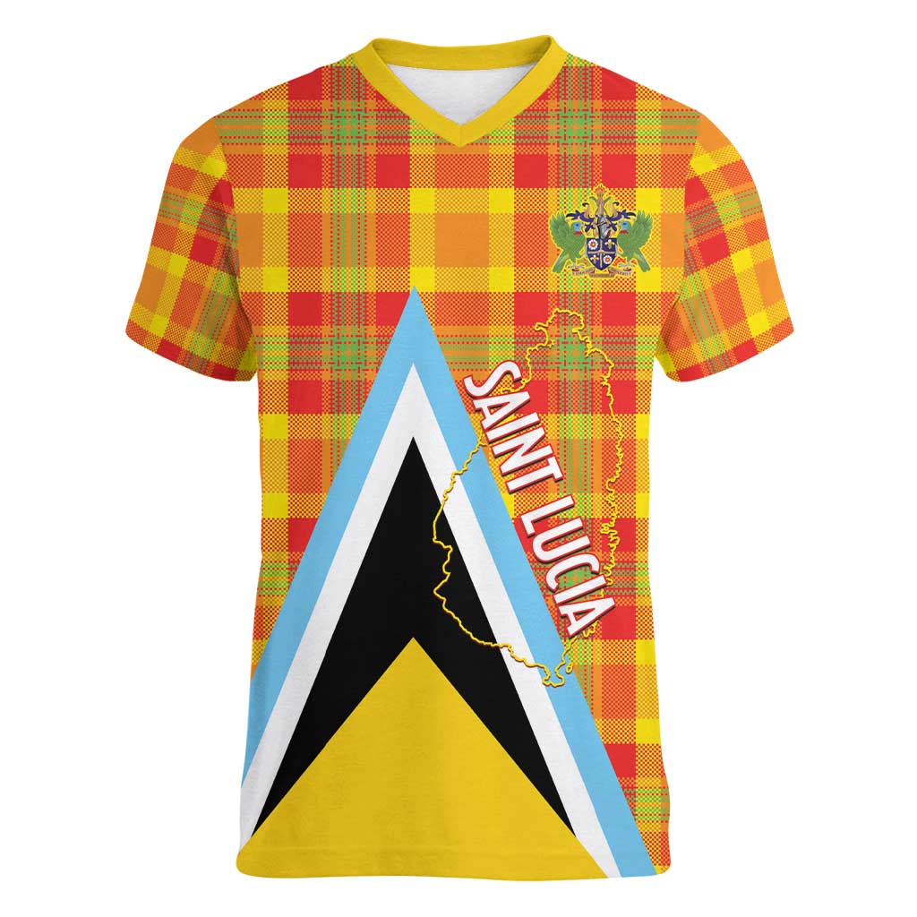 Saint Lucia Creole Day Women V-Neck T-Shirt Bon Fete Jounen Kweyol Madras Pattern - Wonder Print Shop