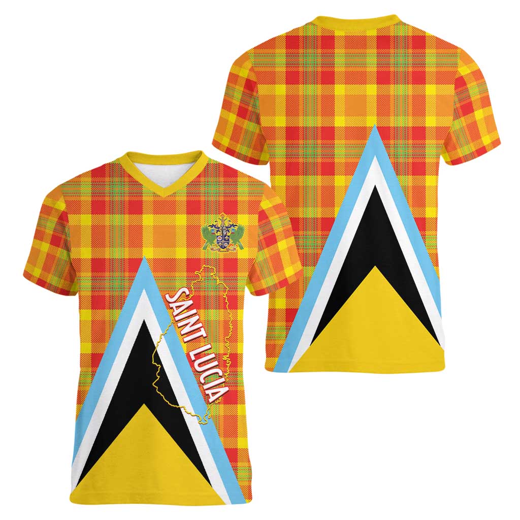 Saint Lucia Creole Day Women V-Neck T-Shirt Bon Fete Jounen Kweyol Madras Pattern - Wonder Print Shop