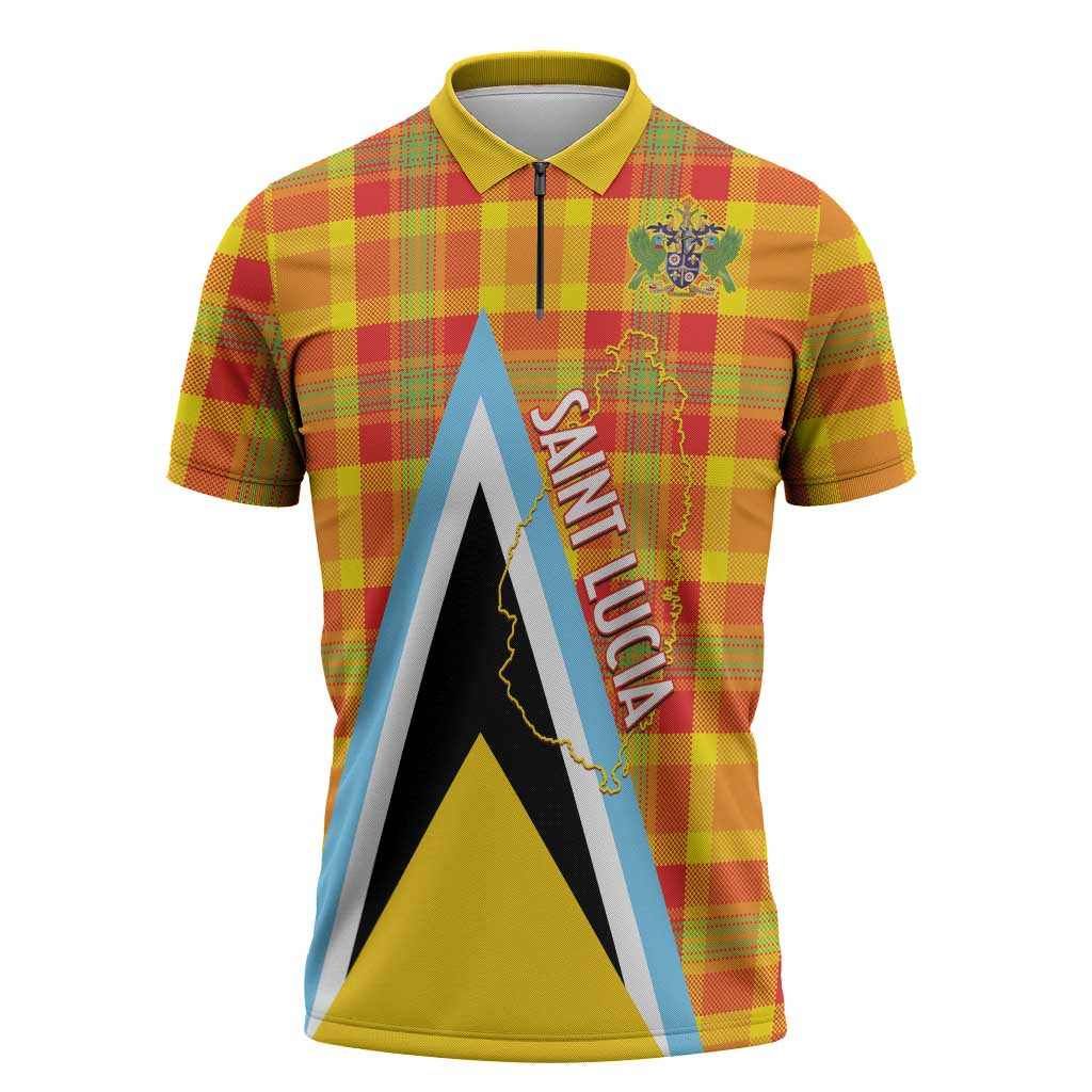 Saint Lucia Creole Day Zipper Polo Shirt Bon Fete Jounen Kweyol Madras Pattern - Wonder Print Shop