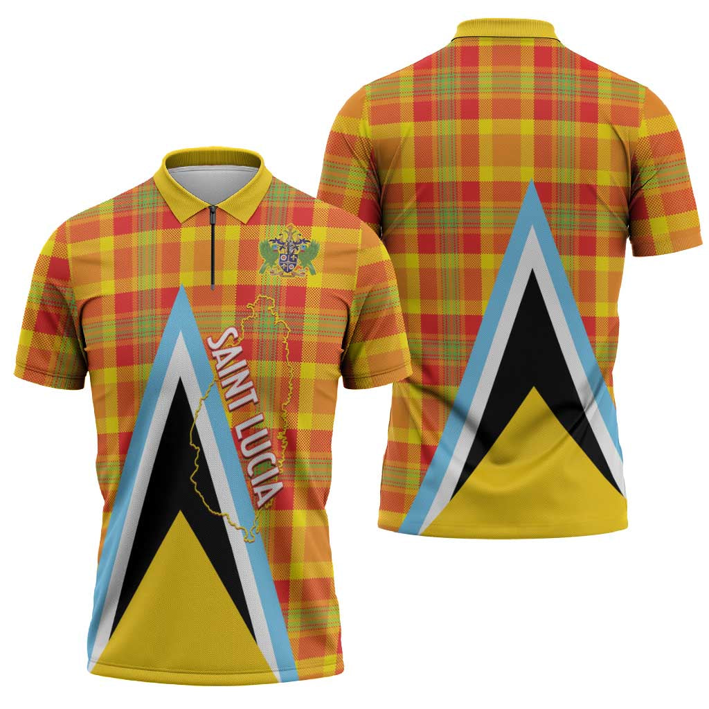 Saint Lucia Creole Day Zipper Polo Shirt Bon Fete Jounen Kweyol Madras Pattern - Wonder Print Shop