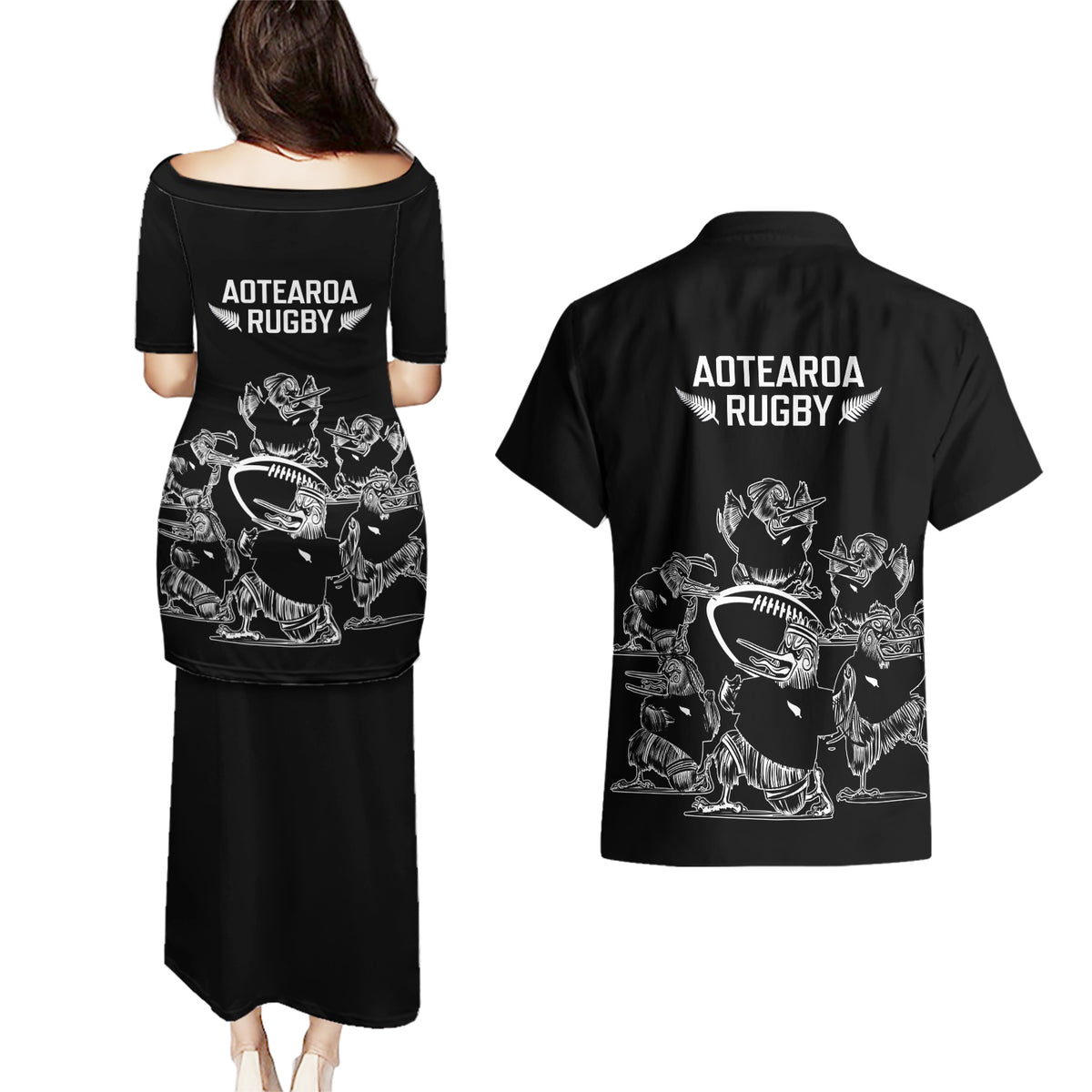 New Zealand Silver Fern Rugby Couples Matching Puletasi Dress and Hawaiian Shirt Haka Aotearoa Kiwi Dance - Wonder Print Shop