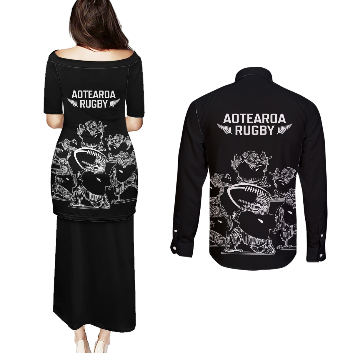 New Zealand Silver Fern Rugby Couples Matching Puletasi Dress and Long Sleeve Button Shirt Haka Aotearoa Kiwi Dance - Wonder Print Shop
