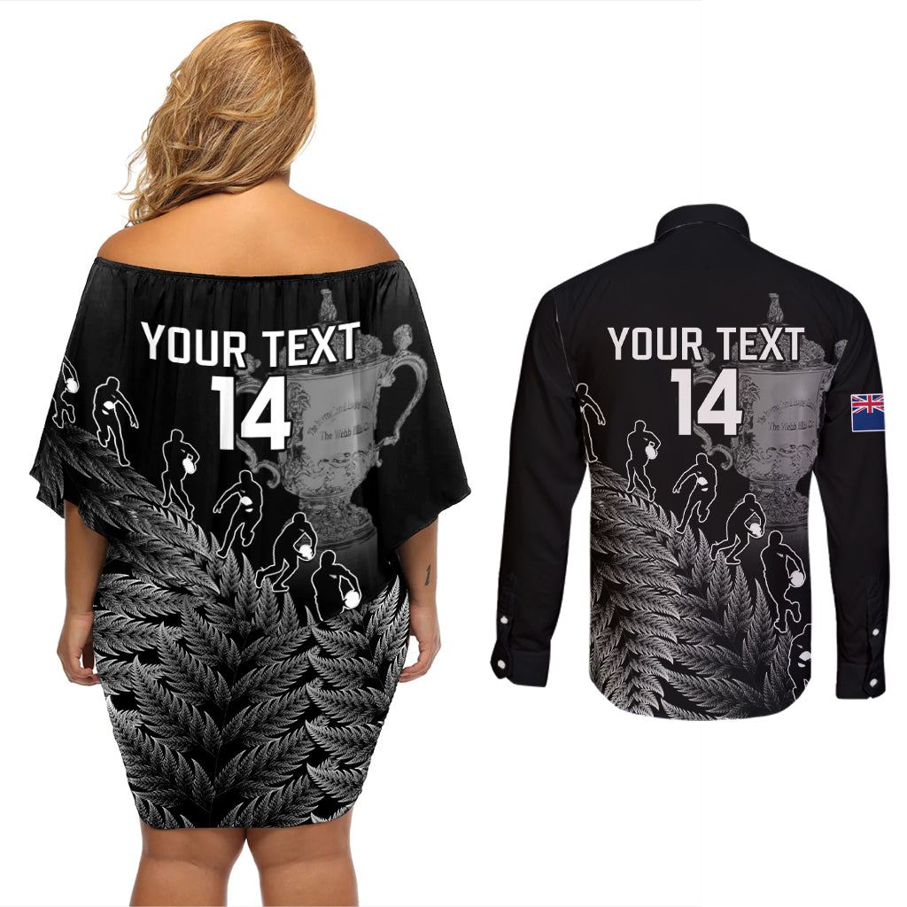 Custom New Zealand Silver Fern Rugby Couples Matching Off Shoulder Short Dress and Long Sleeve Button Shirt All Black Go Champions 2023 With Trophy Proud - Wonder Print Shop