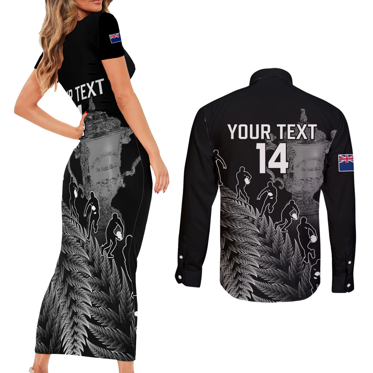 Custom New Zealand Silver Fern Rugby Couples Matching Short Sleeve Bodycon Dress and Long Sleeve Button Shirt All Black Go Champions 2023 With Trophy Proud - Wonder Print Shop