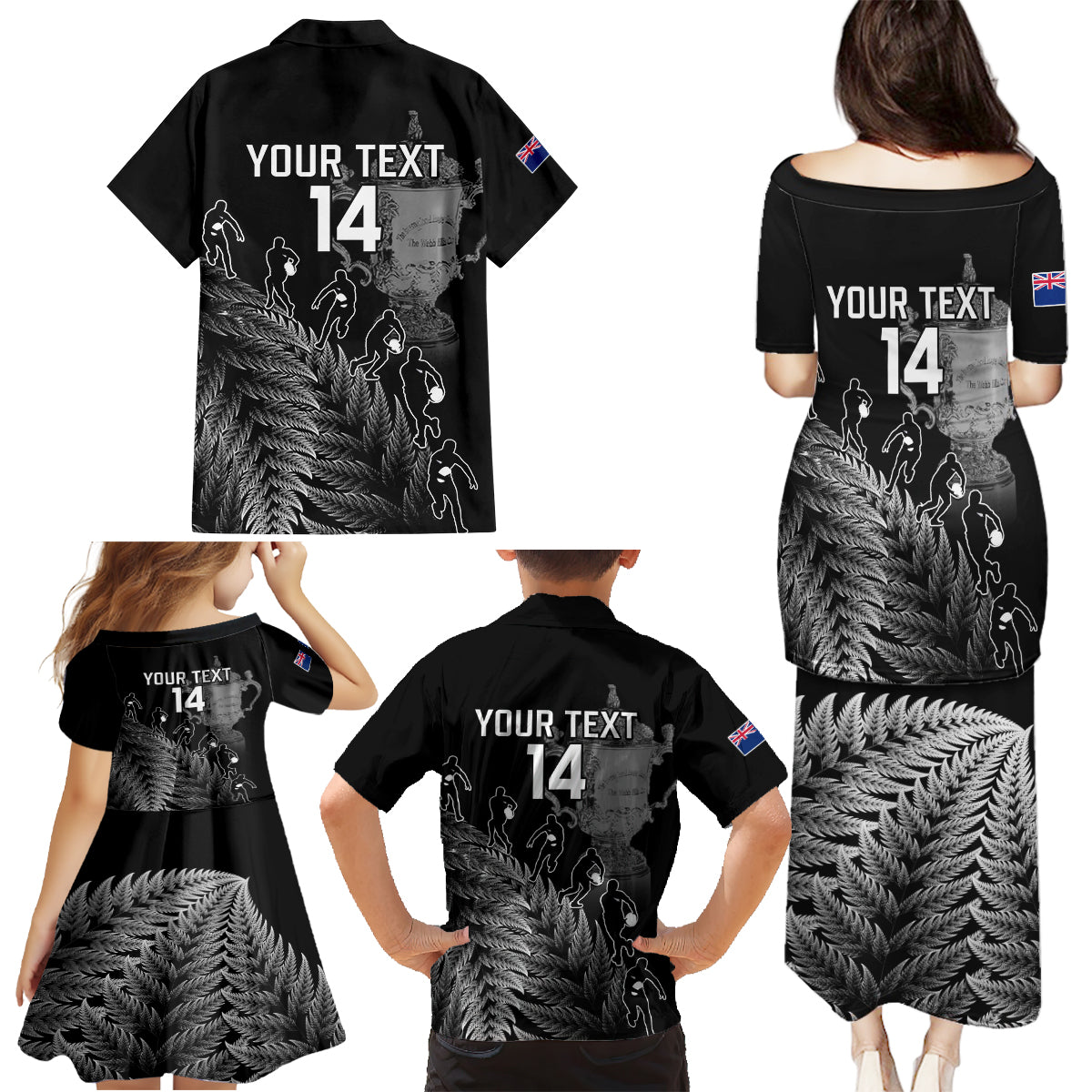 Custom New Zealand Silver Fern Rugby Family Matching Puletasi Dress and Hawaiian Shirt All Black Go Champions 2023 With Trophy Proud - Wonder Print Shop