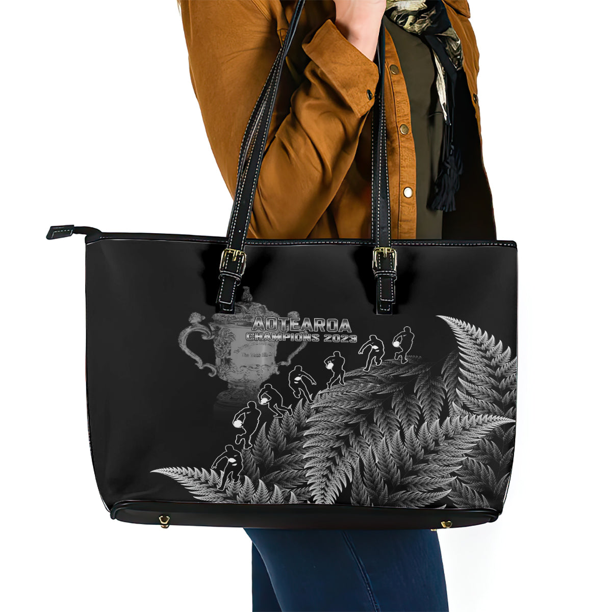 Custom New Zealand Silver Fern Rugby Leather Tote Bag All Black Go Champions 2023 With Trophy Proud - Wonder Print Shop