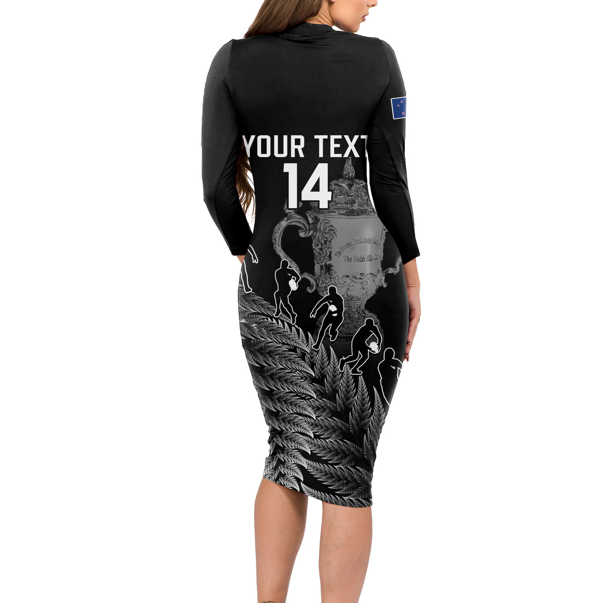Custom New Zealand Silver Fern Rugby Long Sleeve Bodycon Dress All Black Go Champions 2023 With Trophy Proud - Wonder Print Shop