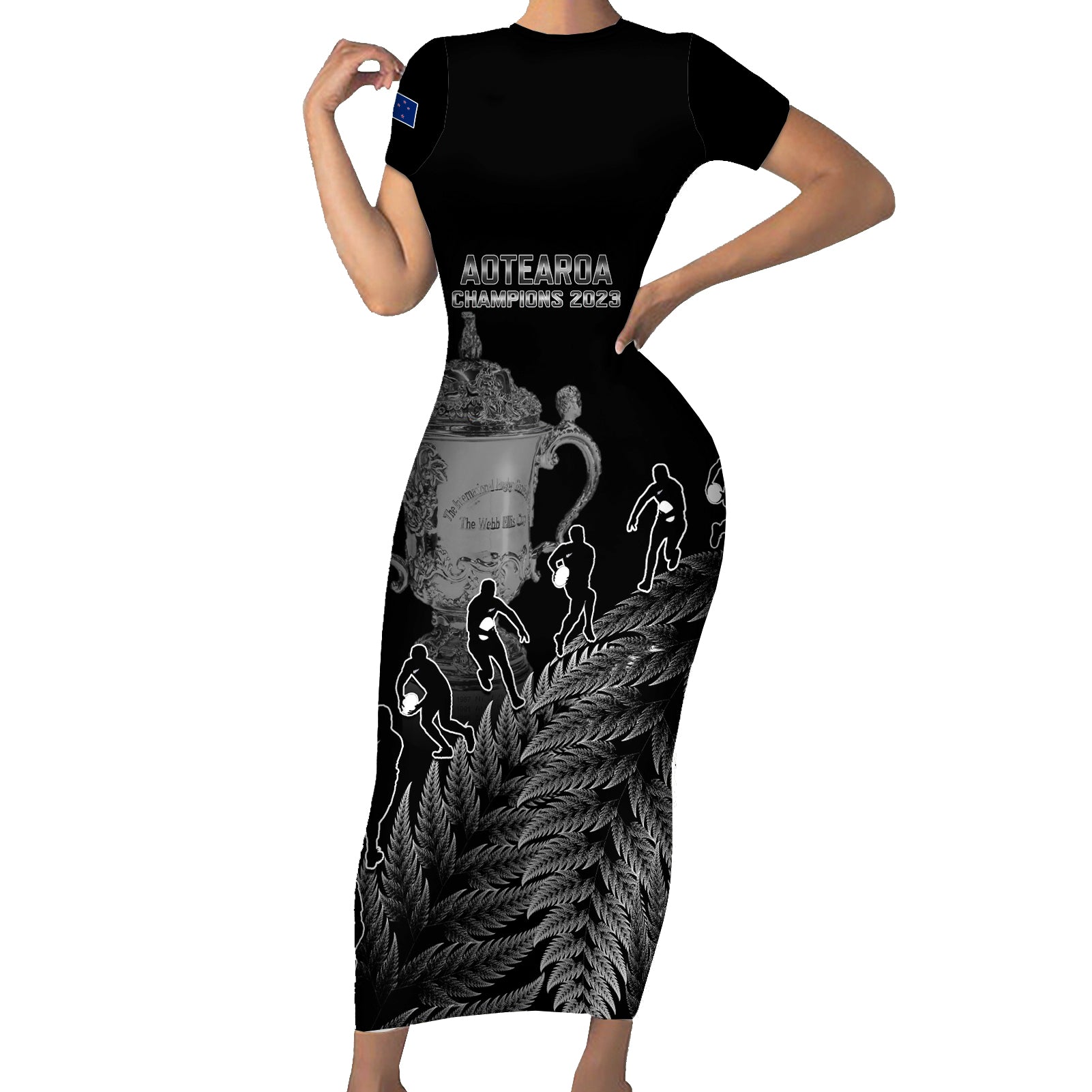 Custom New Zealand Silver Fern Rugby Short Sleeve Bodycon Dress All Black Go Champions 2023 With Trophy Proud - Wonder Print Shop