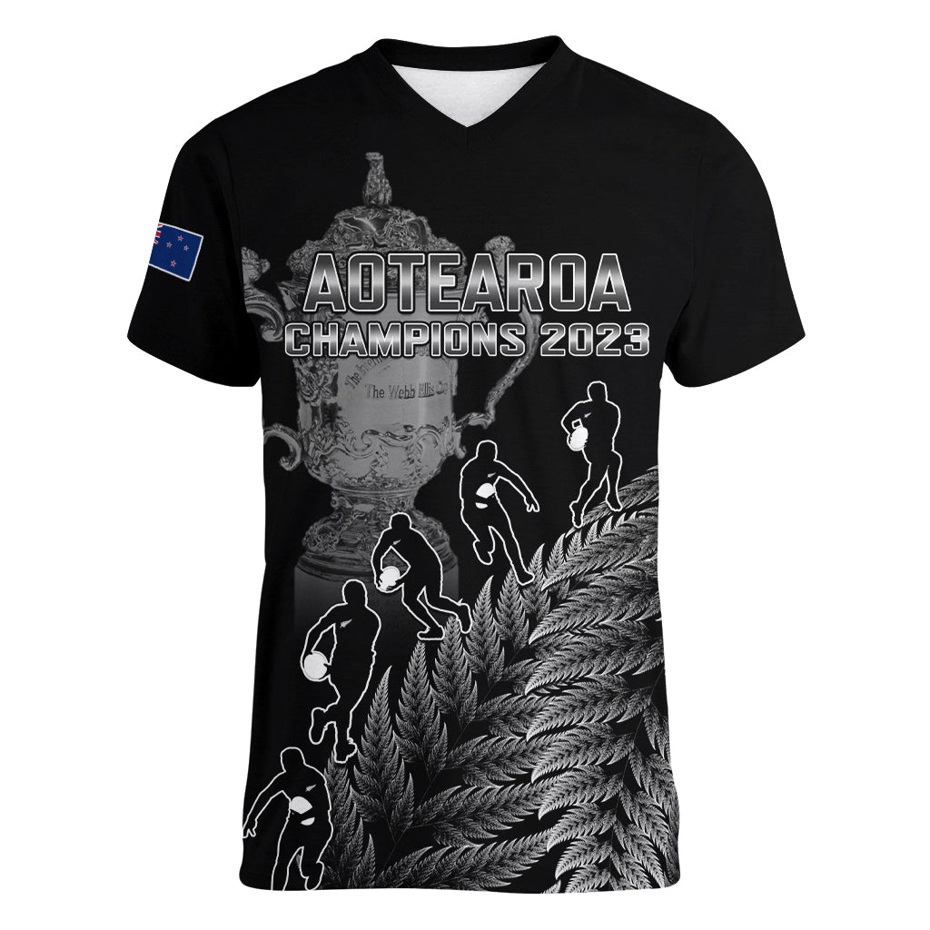 Custom New Zealand Silver Fern Rugby Women V Neck T Shirt All Black Go Champions 2023 With Trophy Proud - Wonder Print Shop