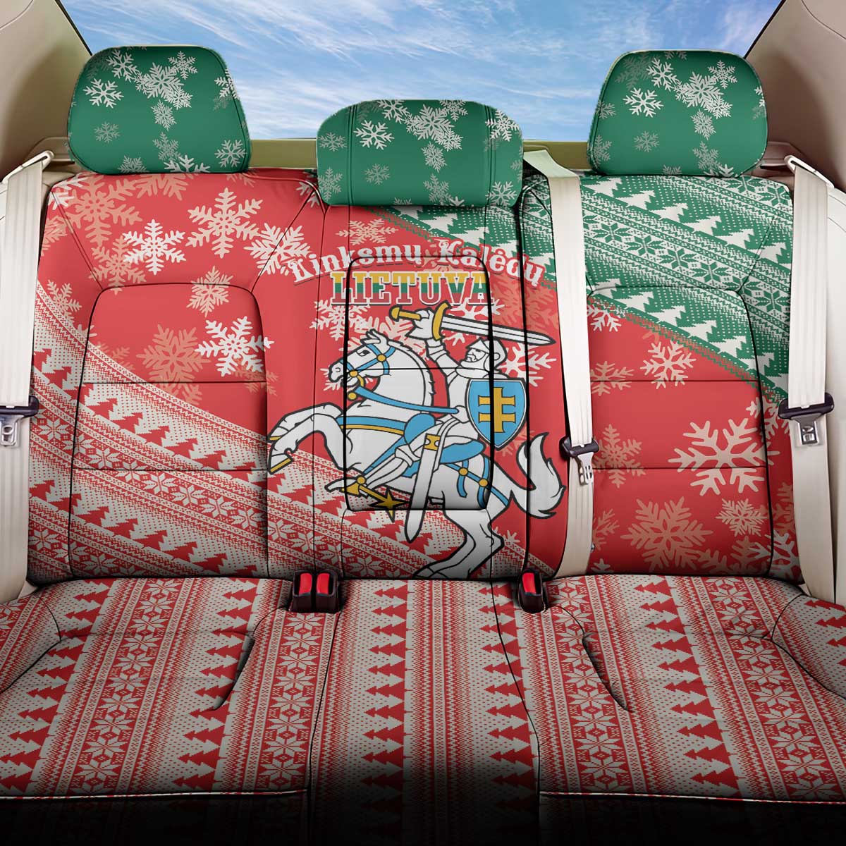 Lietuva Christmas Back Car Seat Cover Linksmu Kaledu - Lithuania Coat Of Arms - Wonder Print Shop