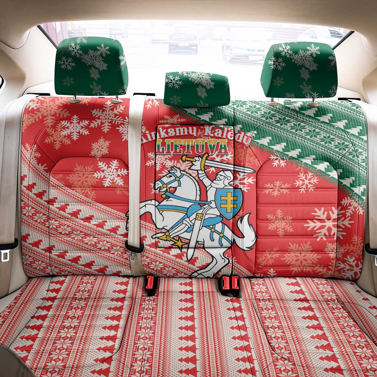 Lietuva Christmas Back Car Seat Cover Linksmu Kaledu - Lithuania Coat Of Arms - Wonder Print Shop