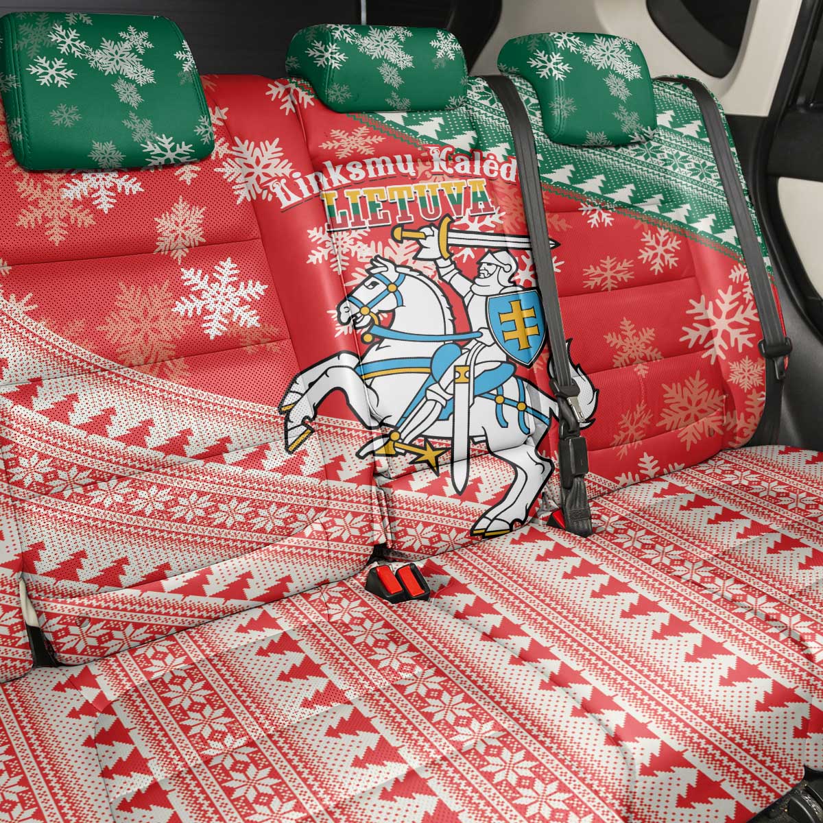 Lietuva Christmas Back Car Seat Cover Linksmu Kaledu - Lithuania Coat Of Arms - Wonder Print Shop